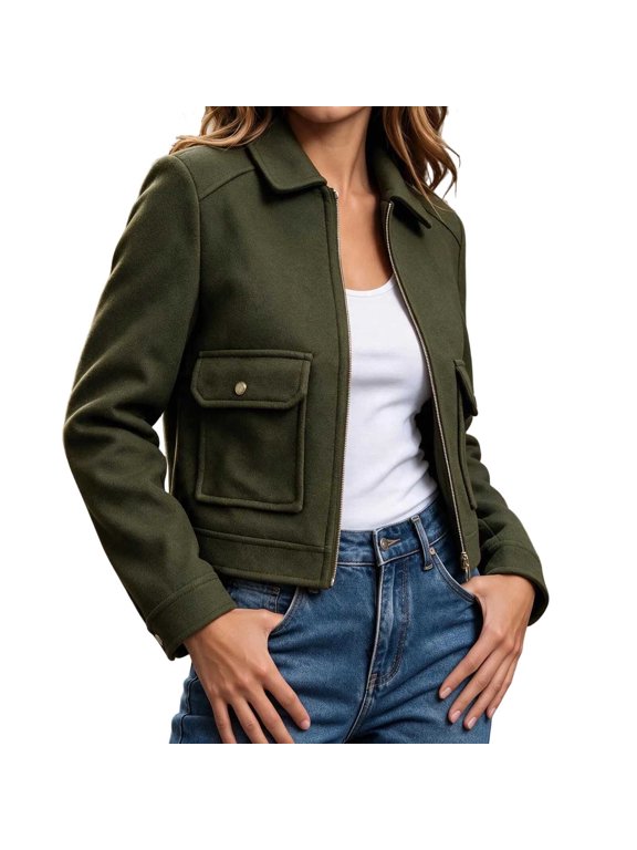 Women's Cropped Wool Blend Jacket, Long Sleeve Lapel Full Zip Coat with Flap Pockets ,Women's XS-L