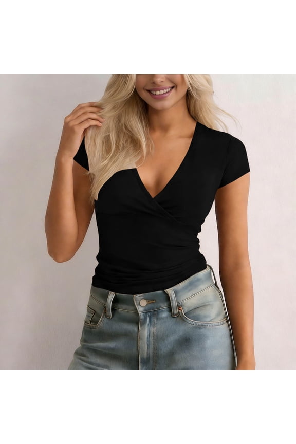 Women's Cross Wrap Ruched Plunge Deep V Neck Slim Fit Short Sleeve T Shirt Black,Womens Plus XL