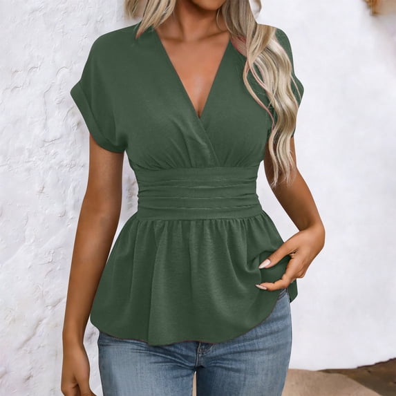 ClodeEU Women's Cross Wrap Ruched Plunge Deep V Neck Slim Fit Short Sleeve T Shirt Green,Womens Plus S