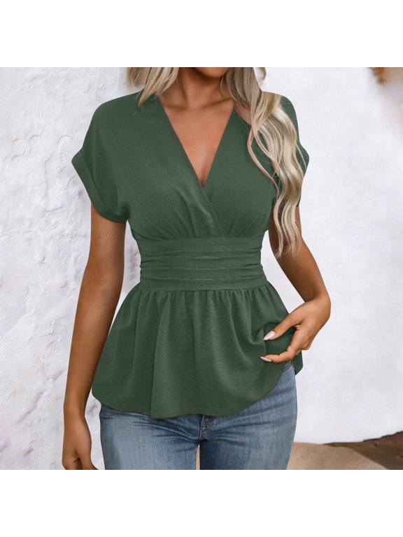 Women's Cross Wrap Ruched Plunge Deep V Neck Slim Fit Short Sleeve T Shirt Green,Womens Plus XXL