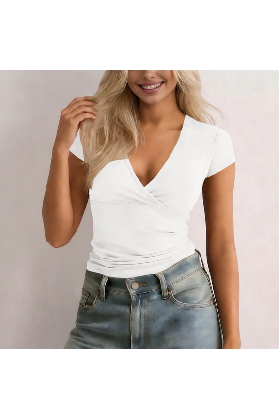 Women's Cross Wrap Ruched Plunge Deep V Neck Slim Fit Short Sleeve T Shirt White,Womens Plus XXL