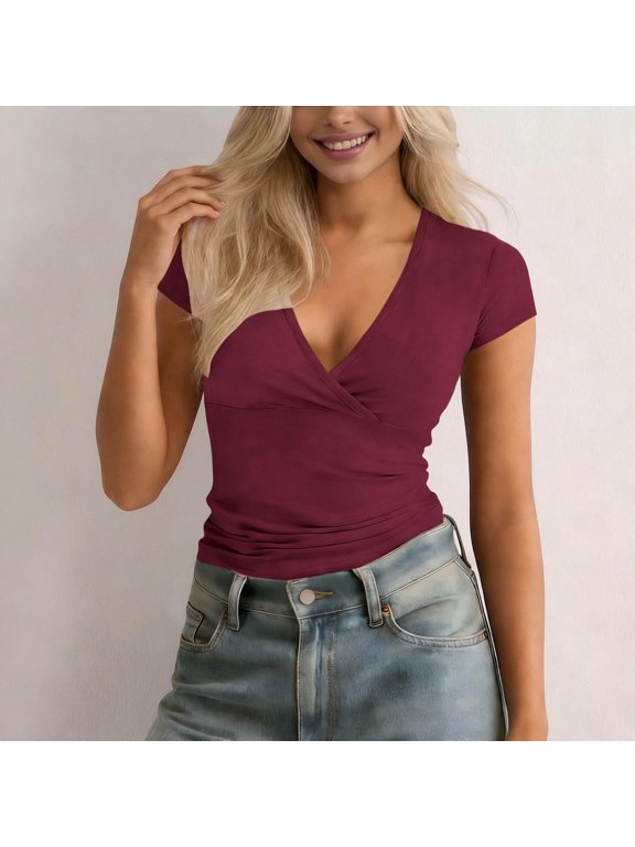 Women's Cross Wrap Ruched Plunge Deep V Neck Slim Fit Short Sleeve T Shirt Wine,Womens Plus S