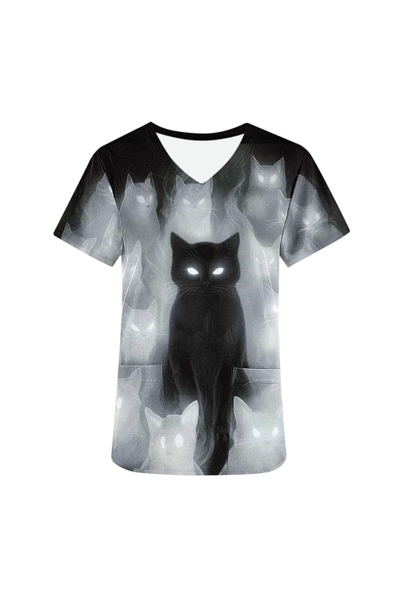 Women's Cute Cartoon Graphic Tees ,Cat Print T Shirt ,Crew Neck Short Sleeve Casual Tops Multicolor,Womens Plus L