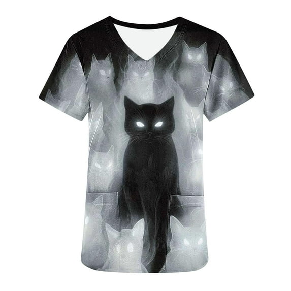 ClodeEU Women's Cute Cartoon Graphic Tees ,Cat Print T Shirt ,Crew Neck Short Sleeve Casual Tops Multicolor,Womens Plus S