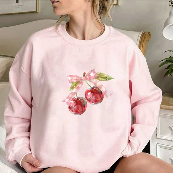 ClodeEU Women's Cute Cherry and Bow Print Round Neck Sweatshirt,Crewneck Long Sleeve Drop Shoulder Pullover Tops Pink 03,Womens Plus M