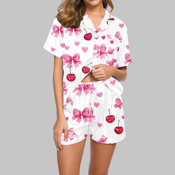 ClodeEU Women's Cute Heart Printed Short-Sleeve Pajama Set, 2 Piece Button Up Matching Sleepwear White^,Womens Plus M