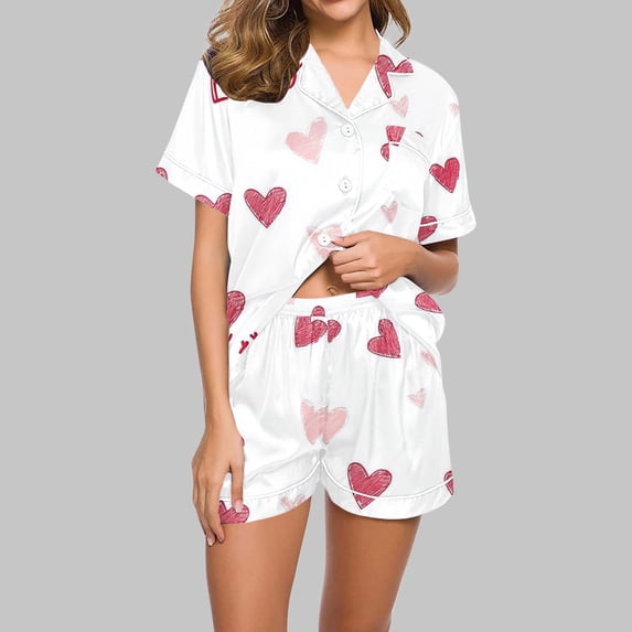 ClodeEU Women's Cute Heart Printed Short-Sleeve Pajama Set, 2 Piece Button Up Matching Sleepwear White,Womens Plus S