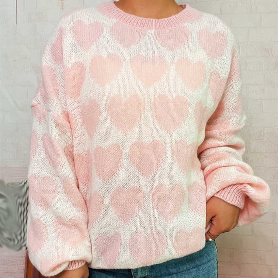 ClodeEU Women's Cute Heart Sweater ,Long Sleeve Crew Neck Knit Pullover Tops Pink,Womens Plus S