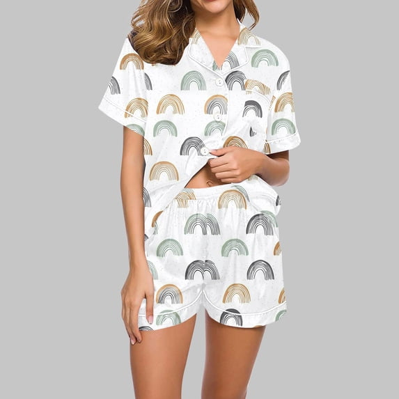 ClodeEU Women's Cute Printed Short Sleeve Pajama Set, 2 Piece Button Up Matching Sleepwear Light Blue 03,Womens Plus S