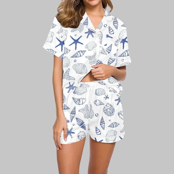 ClodeEU Women's Cute Printed Short Sleeve Pajama Set, 2 Piece Button Up Matching Sleepwear Light Blue 18,Womens Plus XXL