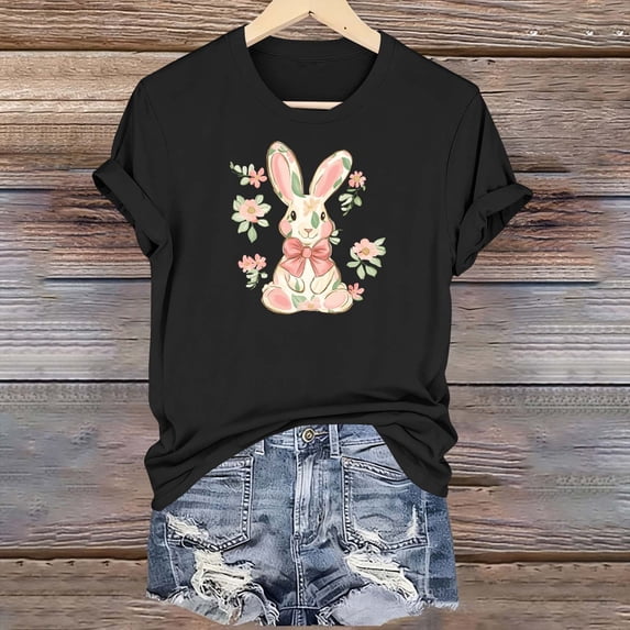 ClodeEU Women's Cute Rabbit Print Short Sleeve Crewneck T-Shirt ,Casual Summer Tee Black,Womens Plus XXXL