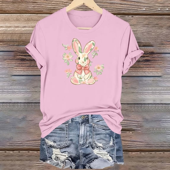 ClodeEU Women's Cute Rabbit Print Short Sleeve Crewneck T-Shirt ,Casual Summer Tee Pink,Womens Plus L