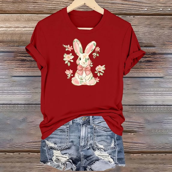 ClodeEU Women's Cute Rabbit Print Short Sleeve Crewneck T-Shirt ,Casual Summer Tee Red,Womens Plus S
