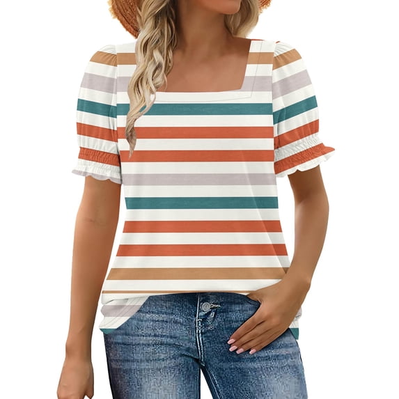 ClodeEU Women's Cute Striped Print Square Neck Ruffle Short Sleeve Top, Casual Boho T-Shirt Orange,Womens Plus L