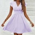 thumbnail image 1 of ClodeEU Women's Cute Striped V Neck Short Sleeve Ruff Sleeve Dress ,Casual Summer Midi Dress Purple,Womens Plus M, 1 of 6
