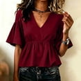 thumbnail image 1 of ClodeEU Women's Deep V Neck Ruffle Babydoll Blouse,Short Flare Sleeve Loose Peplum Tunic Top Wine,Women's Plus M, 1 of 5