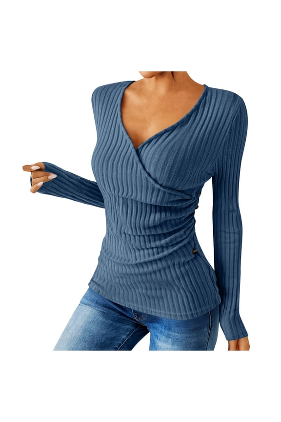 Women's Deep V Neck Wrap Sweater , Casual Fashions Long Sleeve Slim Ribbed Knit Tops Blue,Womens Plus XXL