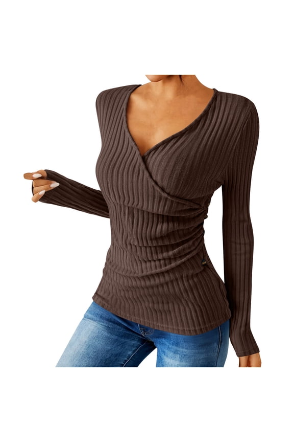 Women's Deep V Neck Wrap Sweater , Casual Fashions Long Sleeve Slim Ribbed Knit Tops Brown,Womens Plus M