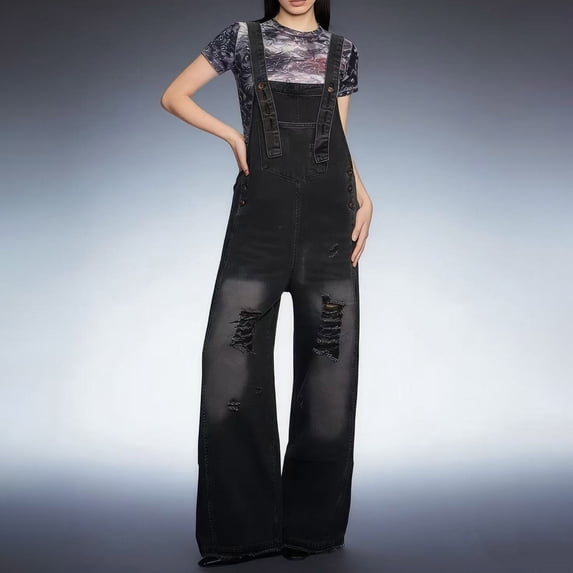 ClodeEU Women's Denim Bib Overall Jumpsuit ,Spaghetti Strap Romper with Pockets for Summer Black,Womens Plus M