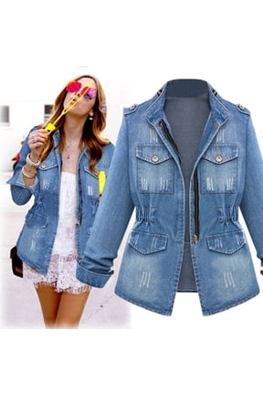 Women's Denim Blazer Jacket, Casual Lapel Zip Jean Coat, Fashion Slim Fit Outerwear with Pockets Blue,Womens Plus XXXL