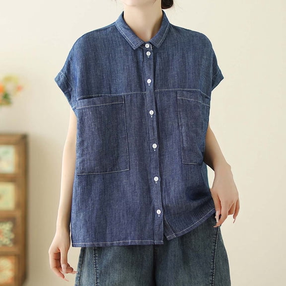ClodeEU Women's Denim Button Down Shirt,Casual Loose Short Sleeve Collared Blouse,Vintage Solid Color Summer Tops Blue,Women's Plus XXL