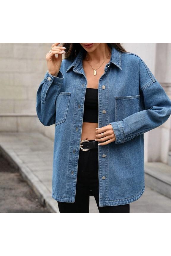 Women's Denim Collar Jacket with Pocket ,Casual Spring Summer Loose Coat Blue,Womens Plus XL