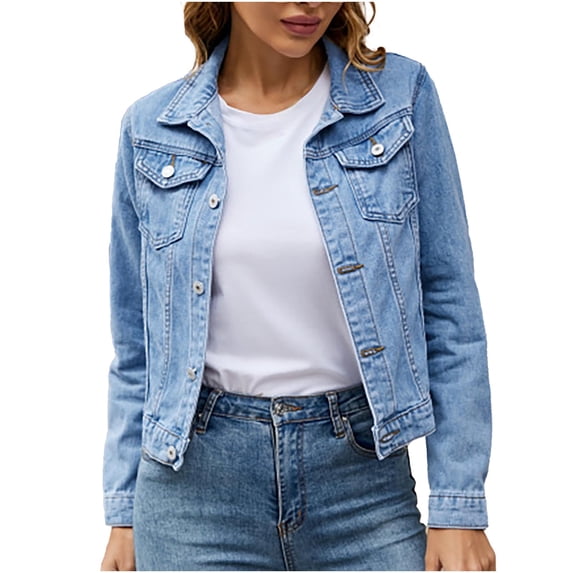 ClodeEU Women's Denim Jackets ,Basic Trendy Long Sleeve Denim Jackets,Button Down Fitted Jean Jacket with Pockets Light Blue,Womens Plus XL