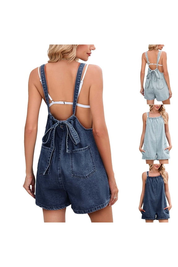 Women's Denim Overall Shorts,Adjustable Strap Casual Bib Shortalls with Pockets Dark Blue,Women's Plus M