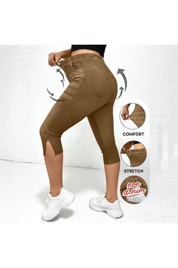 Women's Denim Print Capri Pants with Side Slits,Casual Slim Cropped Trousers Khaki,Womens Plus L