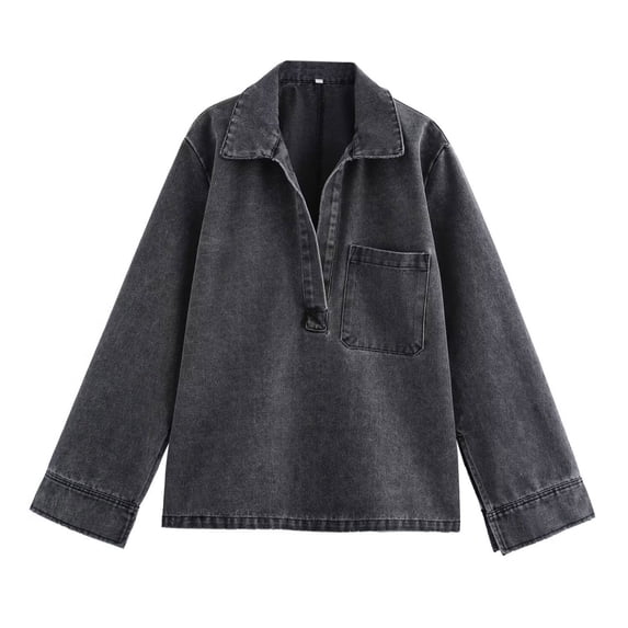 ClodeEU Women's Denim Shirt, Washed Blue Long Sleeve Lapel Solid Color Fashion Top Black,Womens Plus L