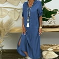 thumbnail image 1 of ClodeEU Women's Denim V Neck Loose Fit Maxi Dress with Roll Up Sleeves,Solid Color Casual Long Dress Blue,Womens Plus XXXL, 1 of 7