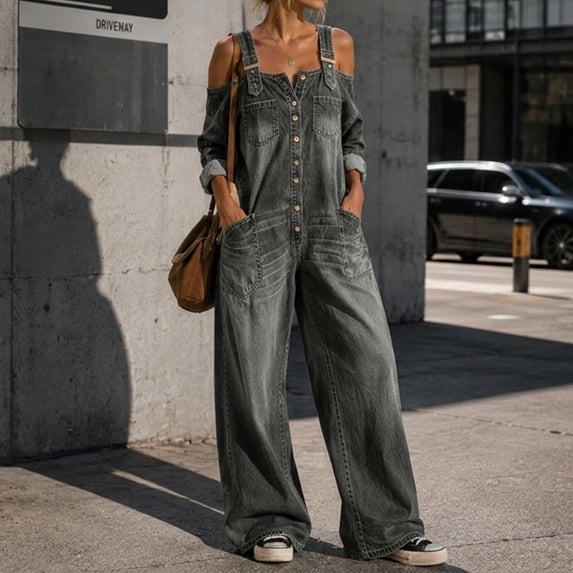 ClodeEU Women's Denim Wide Leg Jumpsuit,Sleeveless Button Down Overall Romper with Pockets ,Women's Plus L