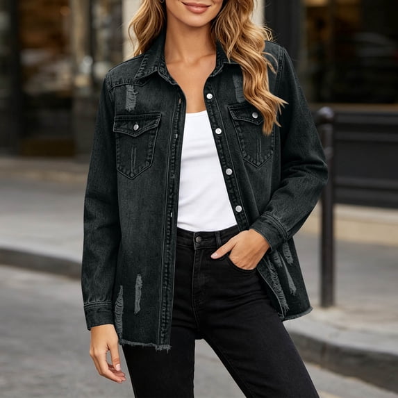 ClodeEU Women's Distressed Ripped Denim Jacket,Casual Lapel Button Down Long Sleeve Jean Outerwear ,Women's Plus L