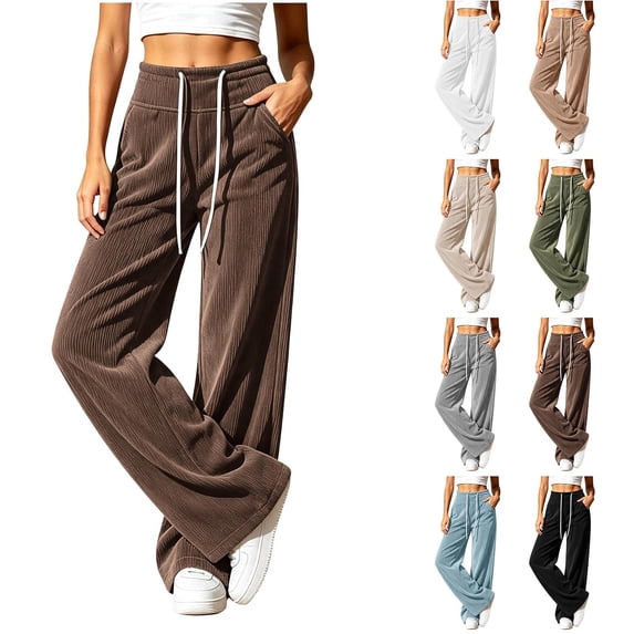 ClodeEU Women's Drawstring Elastic High Waist Wide Leg Corduroy Pants,Solid Color Loose Casual Trousers With Pockets ,Women's Plus L