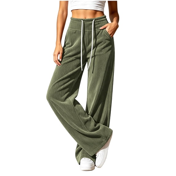 ClodeEU Women's Drawstring Elastic High Waist Wide Leg Corduroy Pants,Solid Color Loose Casual Trousers With Pockets ,Women's Plus S