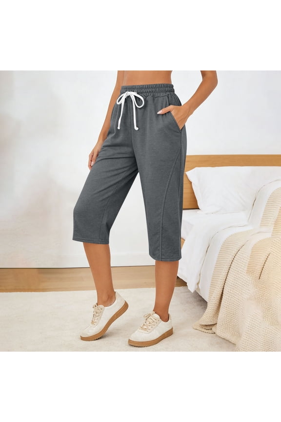 Women's Drawstring Elastic Waist Capri Shorts with Pockets,Casual Athletic Cropped Bottoms Gray,Womens Plus M