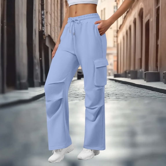 ClodeEU Women's Drawstring Elastic Waist Cargo Sweatpants with Multiple Pockets ,Casual Athletic Jogger Pants Light Blue,Womens Plus S