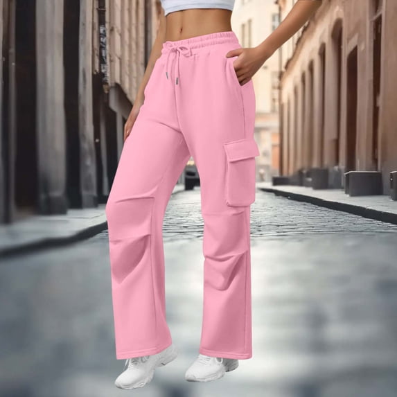 ClodeEU Women's Drawstring Elastic Waist Cargo Sweatpants with Multiple Pockets ,Casual Athletic Jogger Pants Pink,Womens Plus M