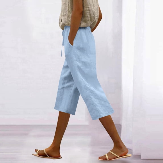 ClodeEU Women's Drawstring Knee Length Shorts with Pockets,Casual Baggy Bermuda Pants Sky Blue,Womens Plus S