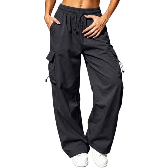 ClodeEU Women's Drawstring Multi Pocket Cargo Pants,Casual Loose Wide Leg Workout Trousers ,Women's Plus M