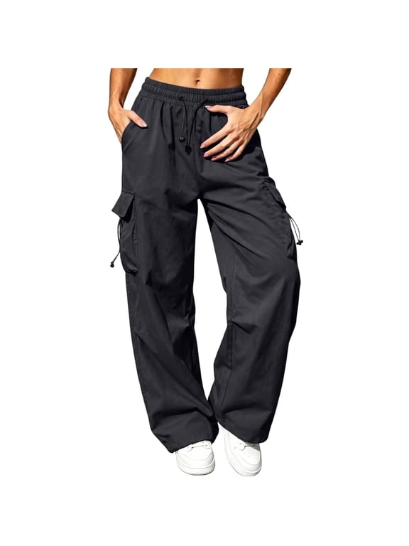Women's Drawstring Multi Pocket Cargo Pants,Casual Loose Wide Leg Workout Trousers ,Women's Plus M