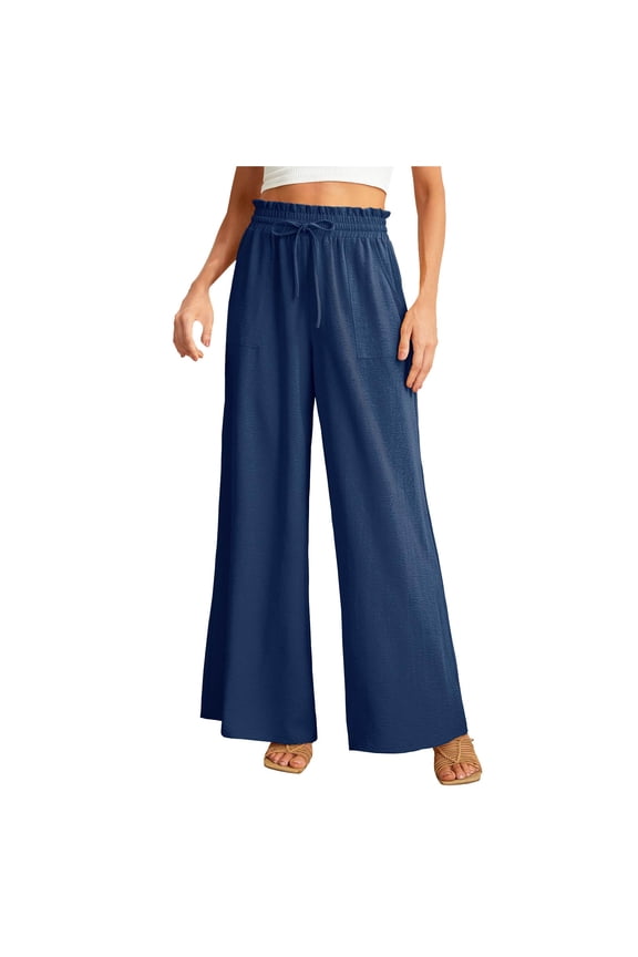 Women's Drawstring Waist Wide Leg Pants ,Casual Loose Cozy High Waist Comfy Lounge Pants with Pockets Navy,Womens Plus XL