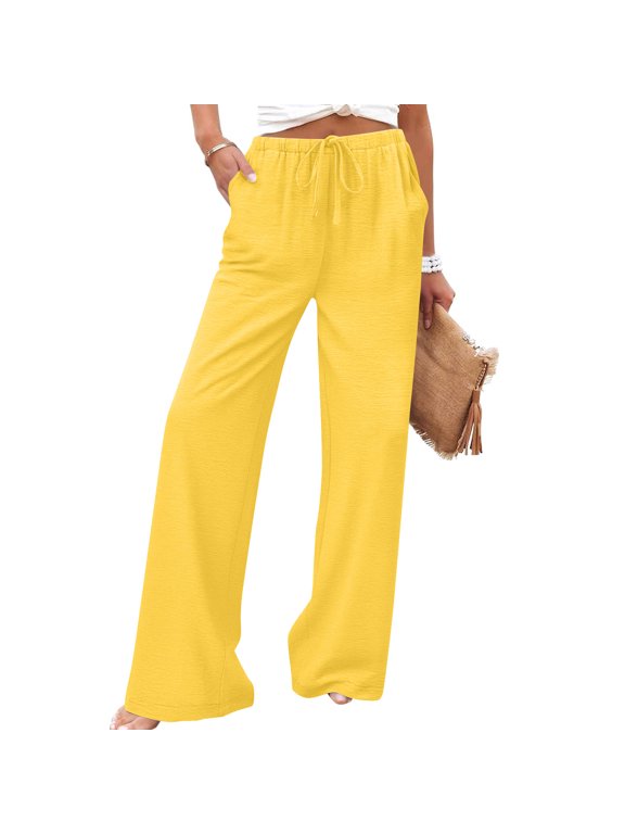 Women's Drawstring Waist Wide Leg Pants,Casual Loose Fit Trousers with Pockets Yellow,Women's Plus XXL