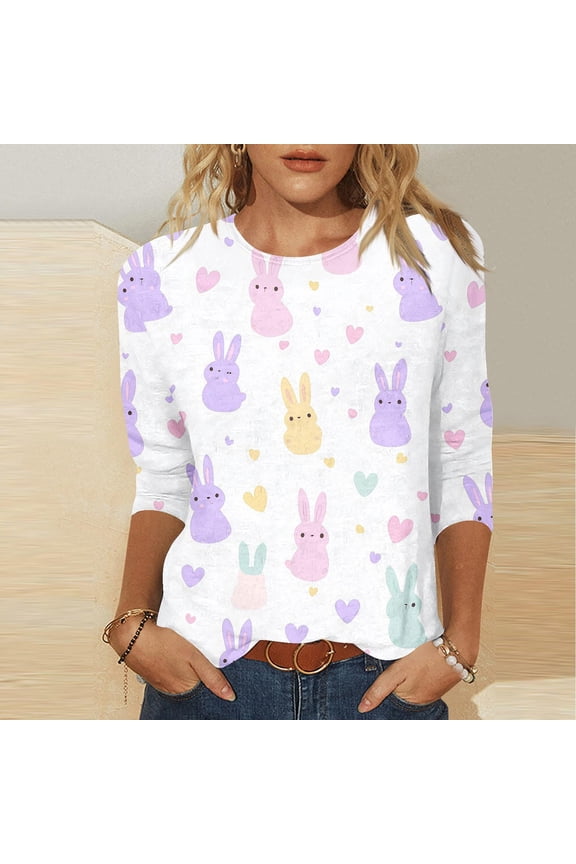 Women's Easter Day 3/4 Sleeve Shirts ,Cute Easter Graphic Tee ,Colorful Spring Casual Blouses Tops White,Womens Plus XL
