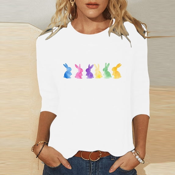ClodeEU Women's Easter Day 3/4 Sleeve Shirts ,Cute Easter Graphic Tee ,Colorful Spring Casual Blouses Tops White^,Womens Plus XXL