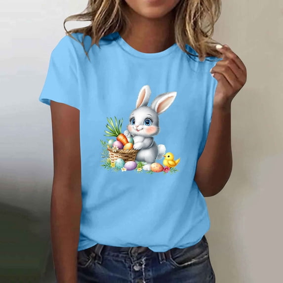 ClodeEU Women's Easter Print Short Sleeve T Shirt ,Round Neck Fashion Casual Tee Light Blue,Womens Plus XXL