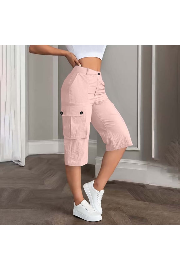 Women's Elastic Back Waist Knee Length Cargo Shorts,Casual Button Flap Pants with Pockets Pink,Womens Plus S