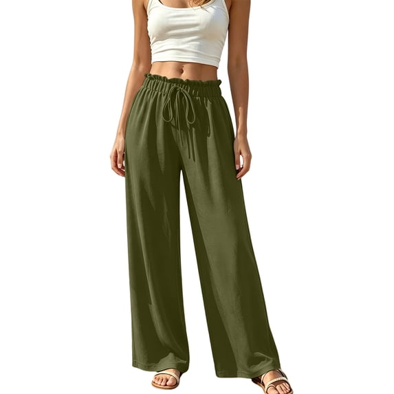 ClodeEU Women's Elastic Drawstring High Waist Wide Leg Pants,Casual Loose Trousers with Pockets Army Green,Women's Plus L