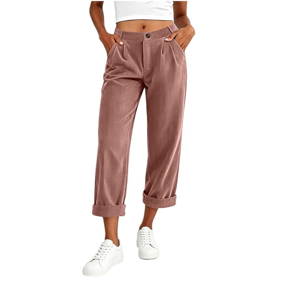 ClodeEU Women's Elastic High Waist Corduroy Sweatpants with Pockets ,Casual Athletic Capri Pants Pink,Women's Plus L