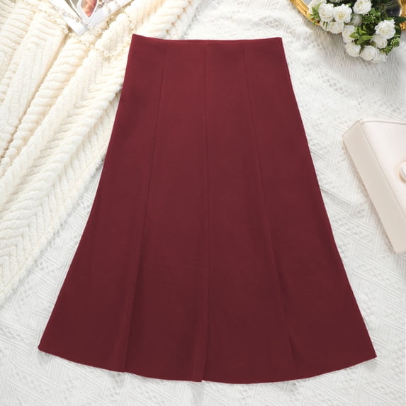 ClodeEU Women's Elastic High Waist Flare Work Midi Knee Length Stretchy Skirt,Elegant Flared Skirt for Office Wine,Womens Plus M